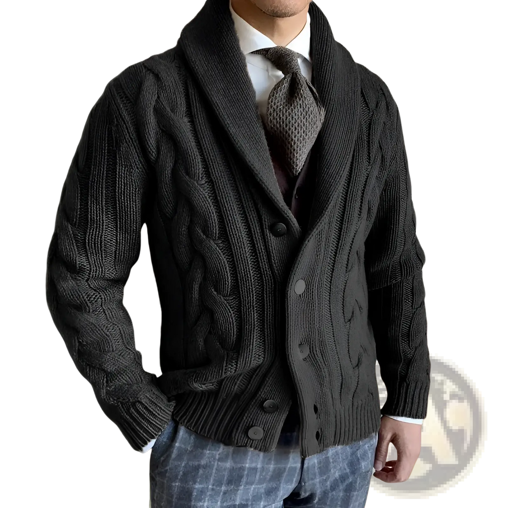 Men’s dark gray cable knit shawl collar cardigan sweater with matching buttons in warm knit material