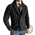 Men’s dark gray cable knit shawl collar cardigan sweater with matching buttons in warm knit material