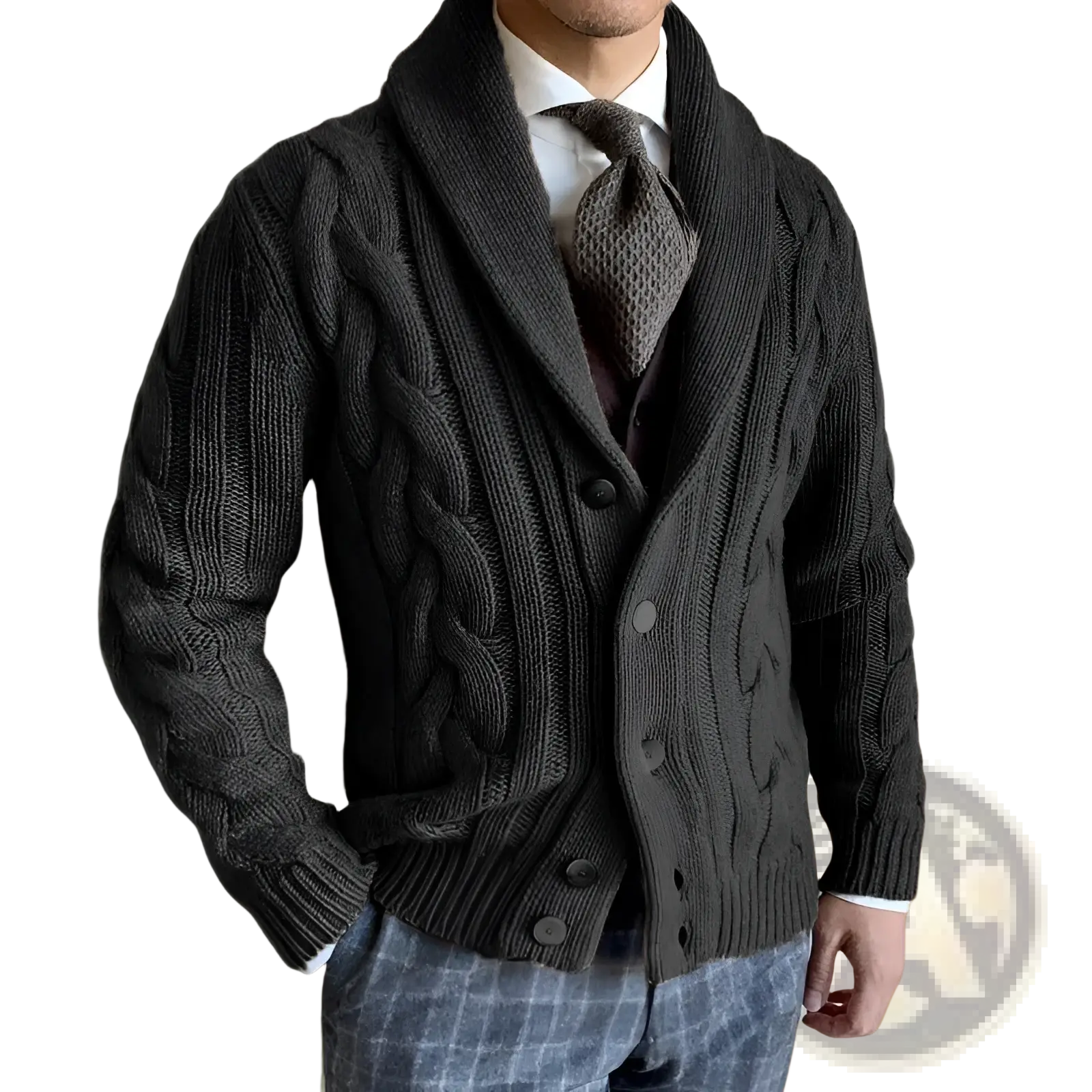 Men’s dark gray cable knit shawl collar cardigan sweater with matching buttons in warm knit material