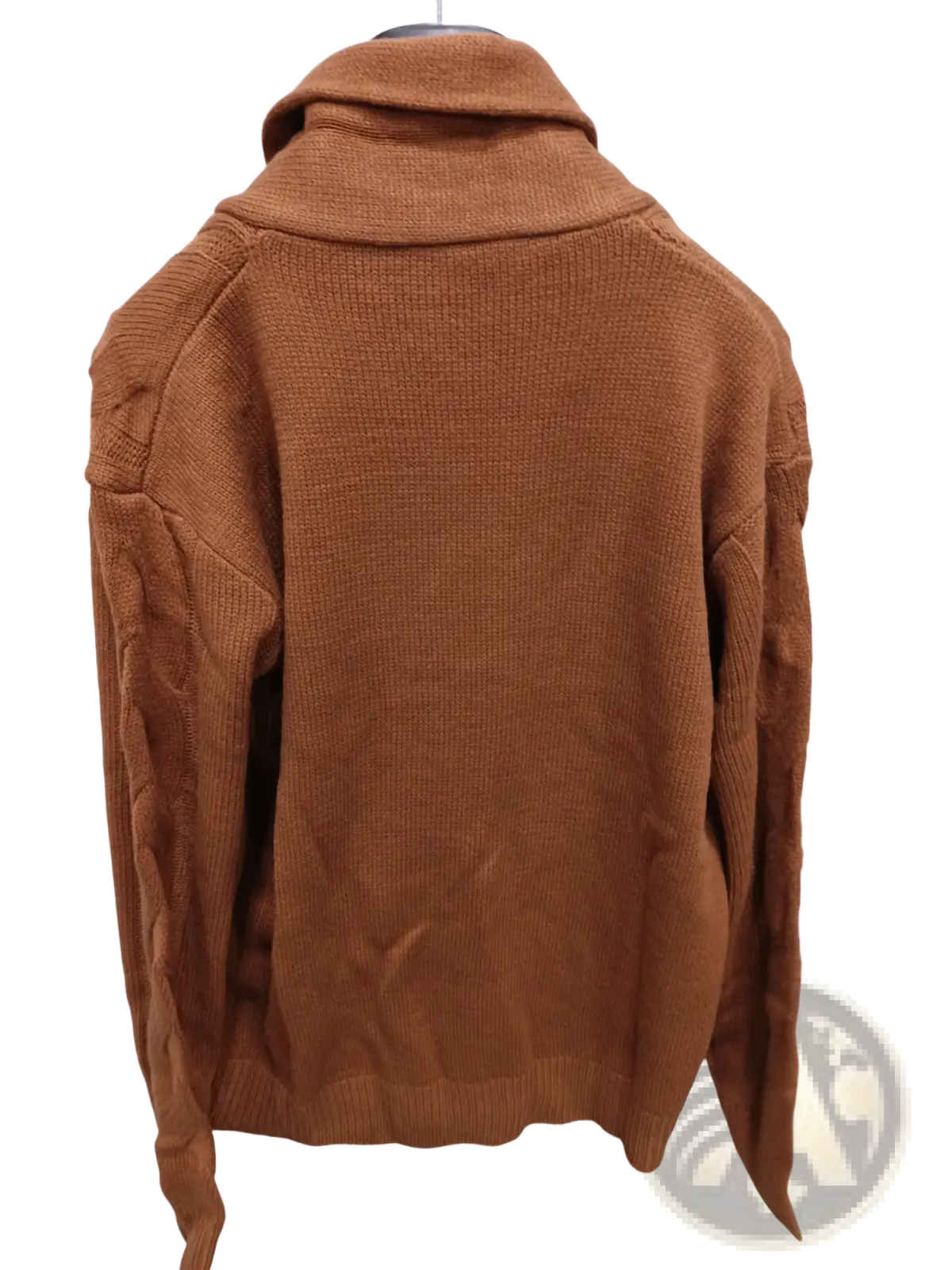 Men’s warm brown knitted sweater with ribbed turtleneck and cable knit sleeve detailing in soft wool blend