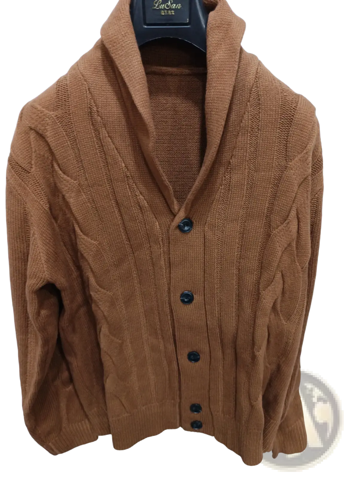 Men’s warm brown cable knit shawl collar cardigan sweater with black buttons for stylish layering