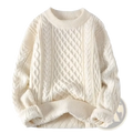 Cream-colored cable knit mens sweater with ribbed crew neck and cuffs casual winter pullover