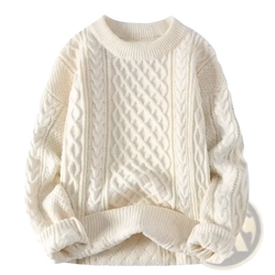 Cream-colored cable knit mens sweater with ribbed crew neck and cuffs casual winter pullover