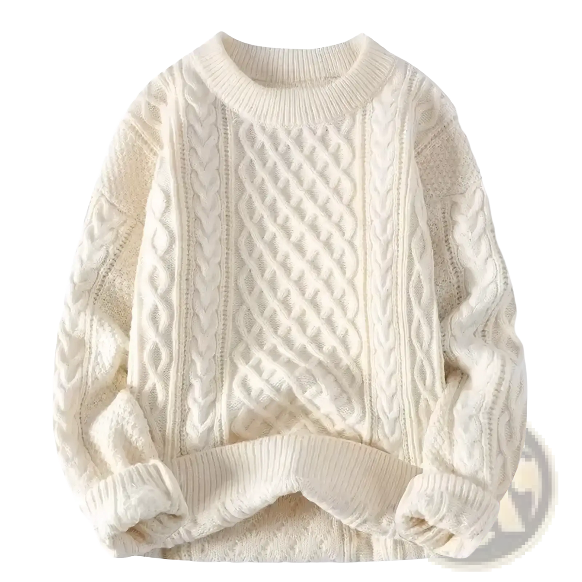 Cream-colored cable knit mens sweater with ribbed crew neck and cuffs casual winter pullover