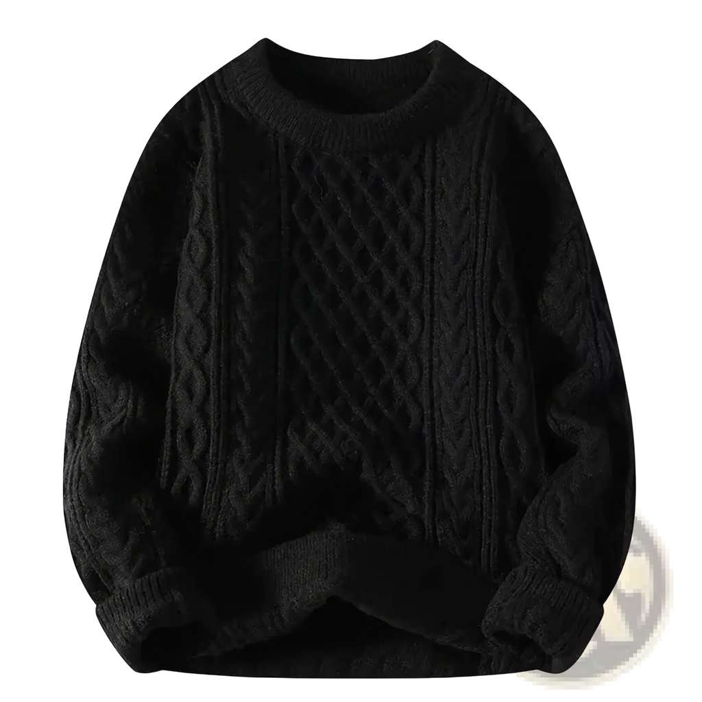 Black cable knit sweater with ribbed crew neck and cuffs casual winter pullover for men