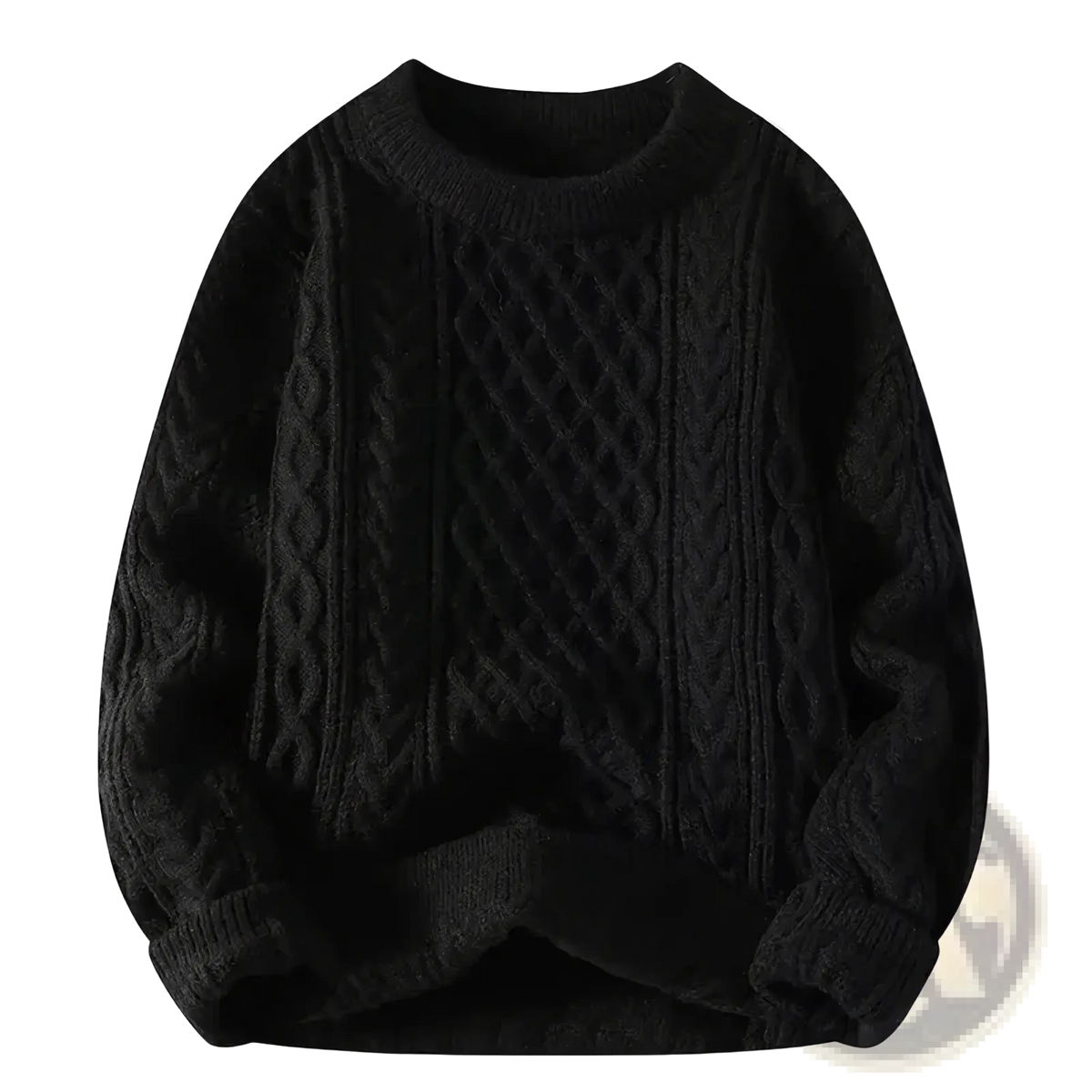 Black cable knit sweater with ribbed crew neck and cuffs casual winter pullover for men