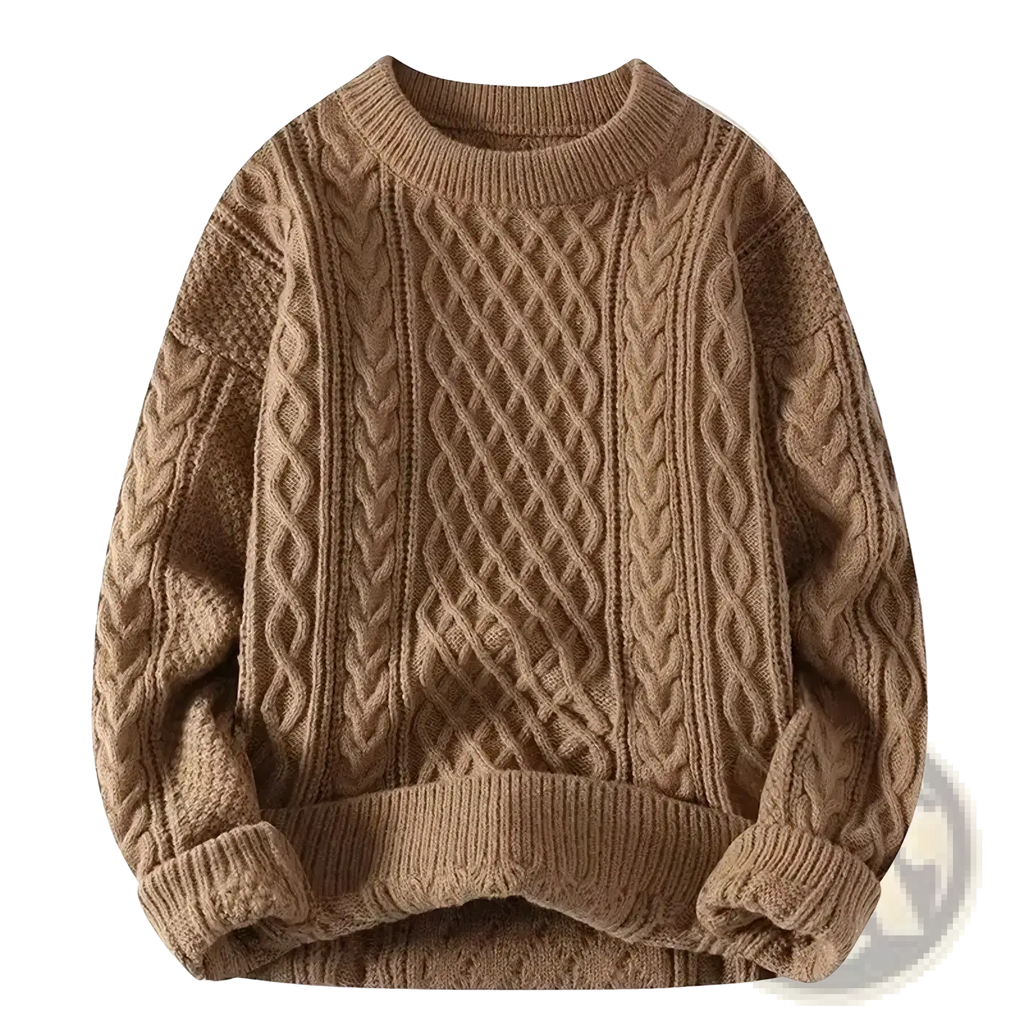Mens cable knit sweater casual winter pullover in camel color featuring intricate braided patterns and ribbed cuffs