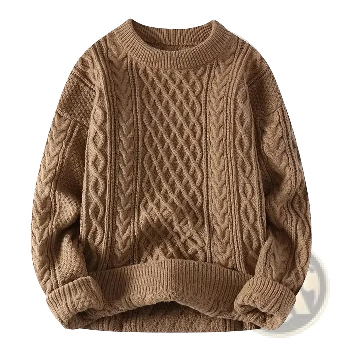 Mens cable knit sweater casual winter pullover in camel color featuring intricate braided patterns and ribbed cuffs