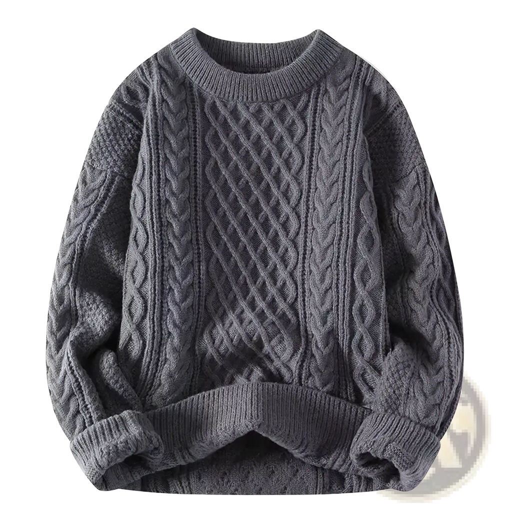Mens cable knit sweater casual winter pullover in dark gray chunky knit with intricate cable patterns on front and sleeves