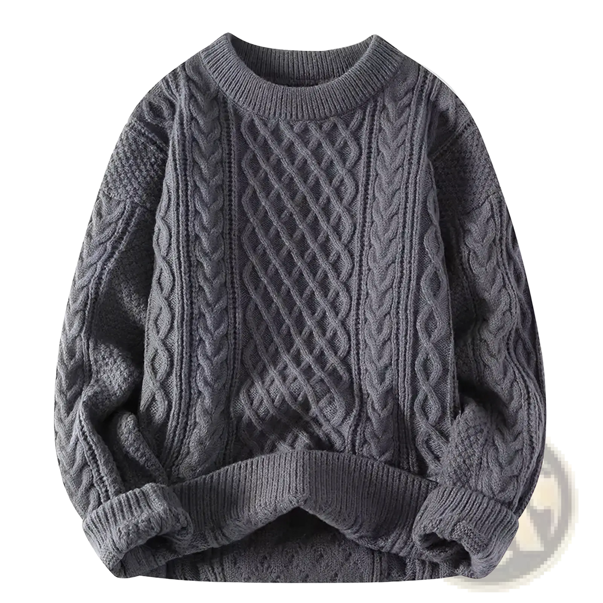 Mens cable knit sweater casual winter pullover in dark gray chunky knit with intricate cable patterns on front and sleeves