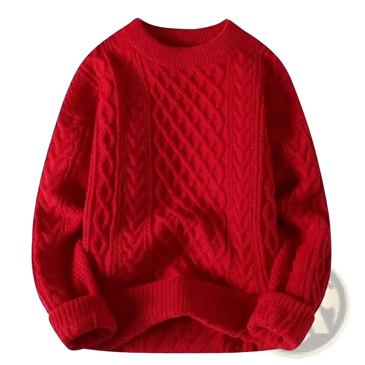 Vibrant red mens cable knit sweater with classic crew neck ribbed cuffs casual winter pullover made of wool blend
