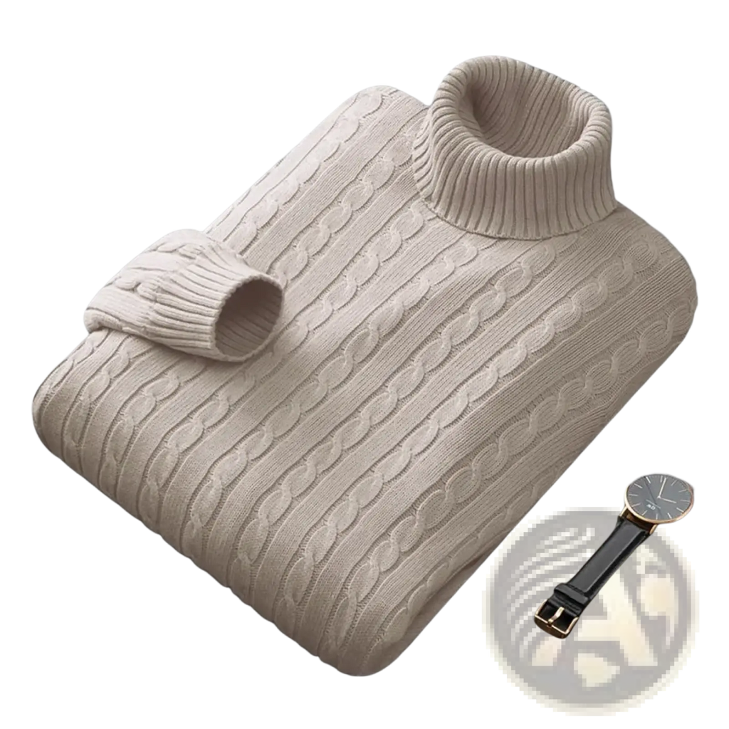 Beige men’s cable knit turtleneck pullover sweater with ribbed cuffs and neckline in soft wool material