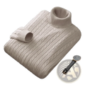 Beige men’s cable knit turtleneck pullover sweater with ribbed cuffs and neckline in soft wool material