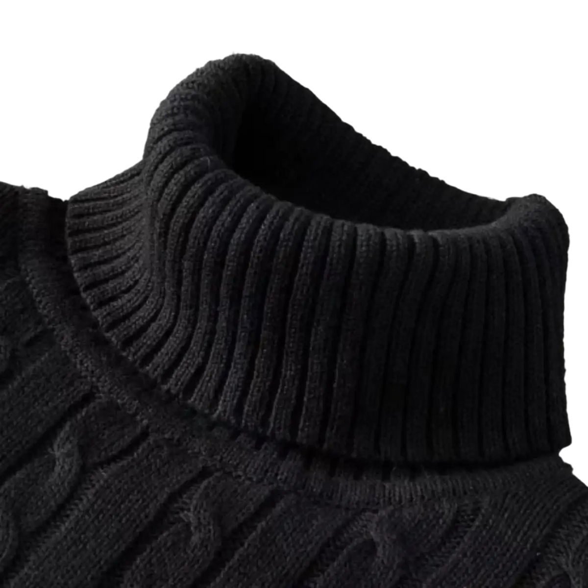 Men’s black ribbed turtleneck pullover sweater with textured cable-knit pattern made from warm material