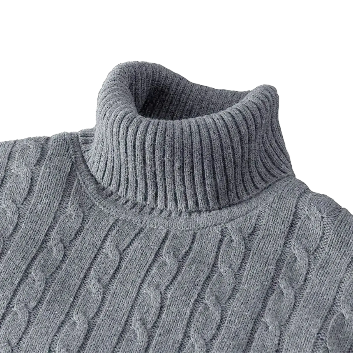 Men’s gray cable knit turtleneck pullover sweater with ribbed collar and textured knit pattern
