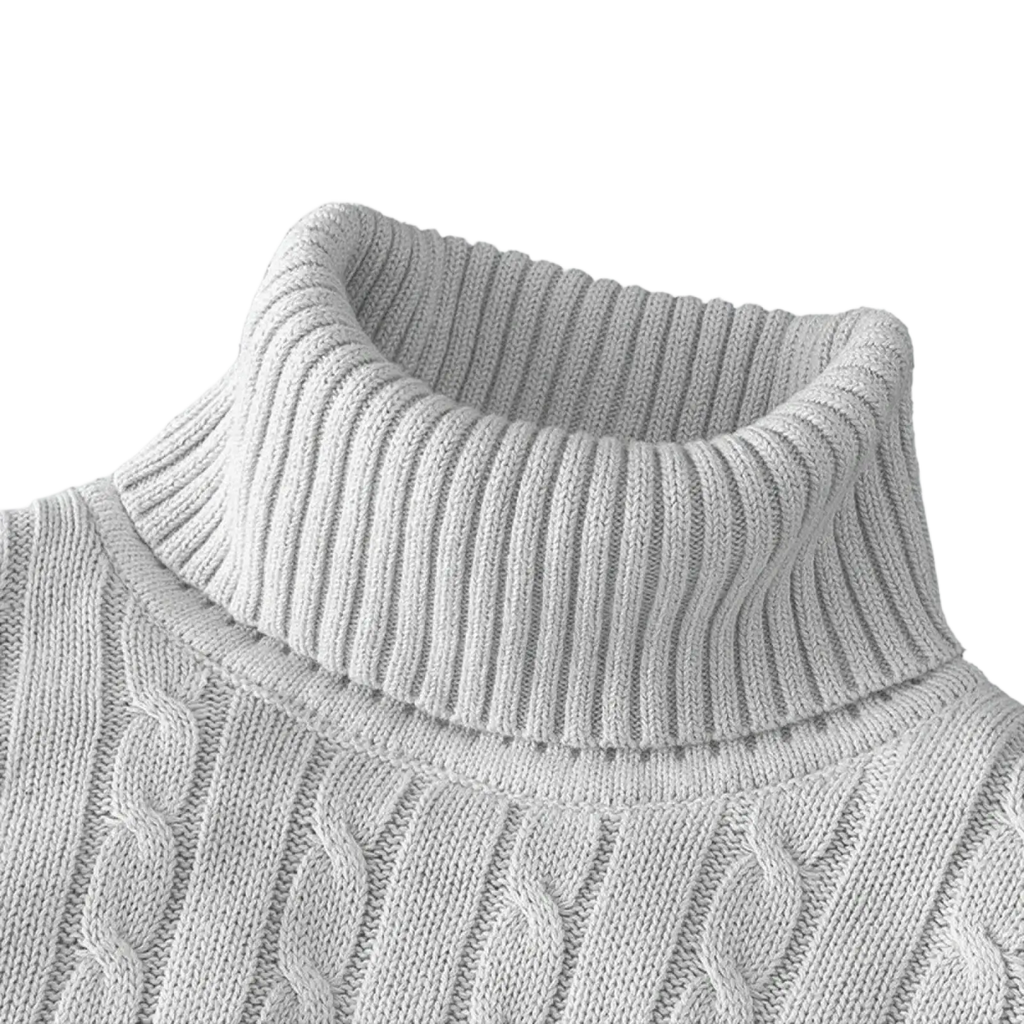 Men’s light gray cable knit turtleneck pullover sweater with ribbed collar in soft wool blend