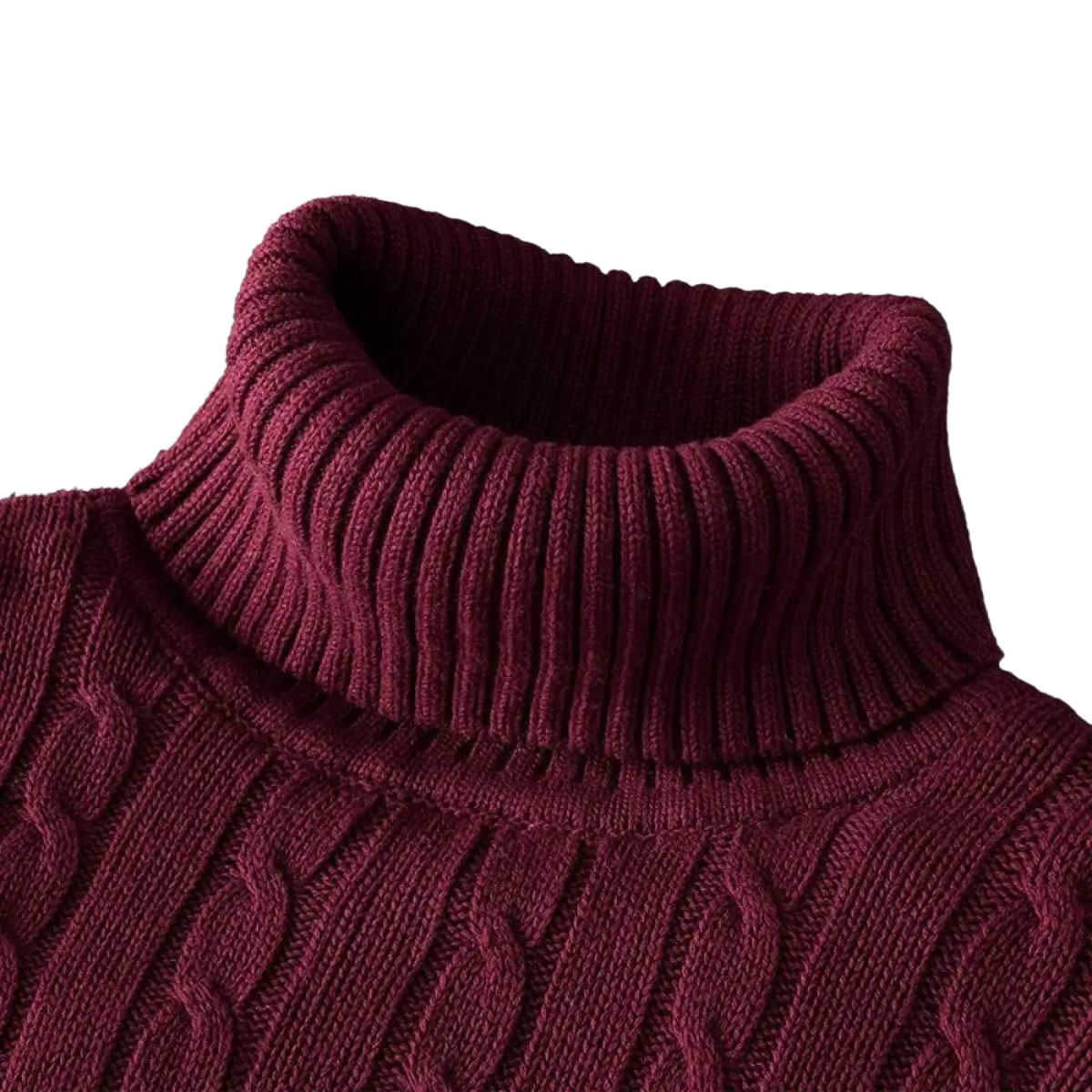 Men’s burgundy cable knit turtleneck pullover sweater with ribbed collar and textured pattern in soft material