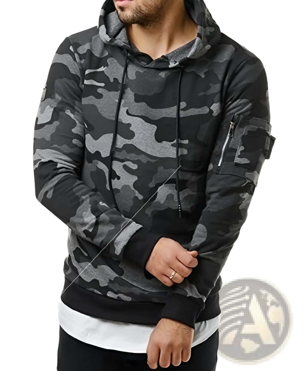 Black and gray camouflage patterned hoodie with a drawstring hood, zippered sleeve pocket, and ribbed cuffs.