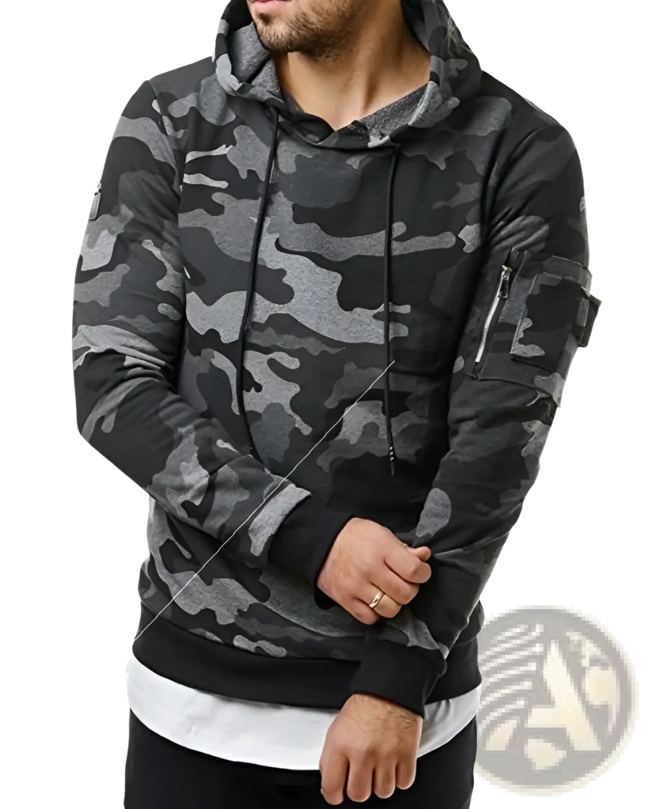 Black and gray camouflage patterned hoodie with a drawstring hood, zippered sleeve pocket, and ribbed cuffs.