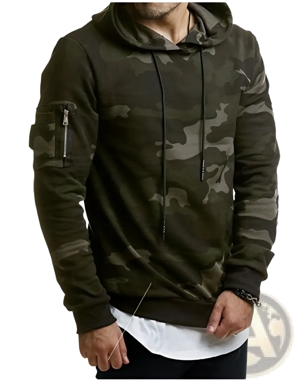 Men’s camouflage slim fit hooded sweater in dark olive and gray with zippered sleeve pocket for secure storage