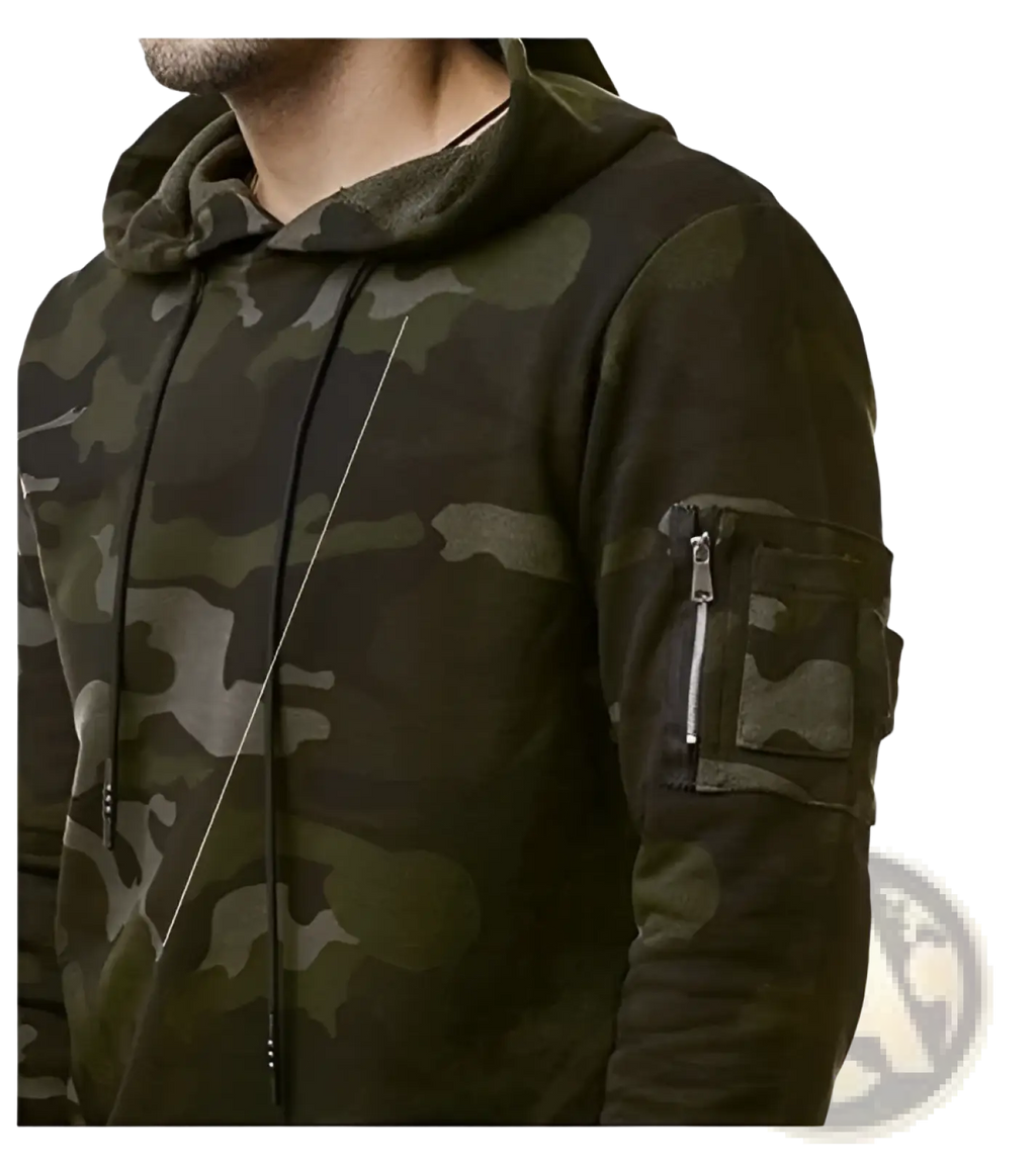 Men’s camouflage slim fit hooded sweater in dark green and black with a zippered sleeve pocket for secure storage