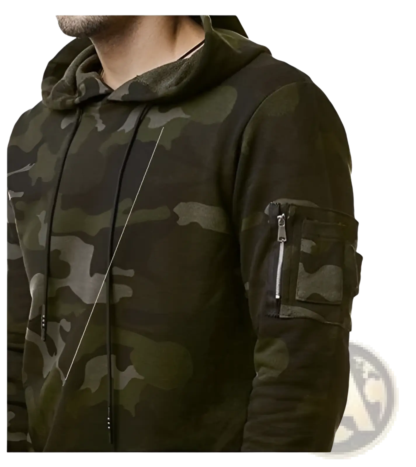 Men’s camouflage slim fit hooded sweater in dark green and black with a zippered sleeve pocket for secure storage