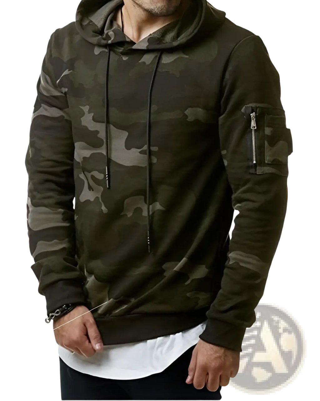 Men’s camouflage slim fit hooded sweater in dark green and gray with a front zipper sleeve pocket