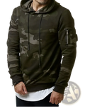 Men’s camouflage slim fit hooded sweater in dark green and gray with a front zipper sleeve pocket