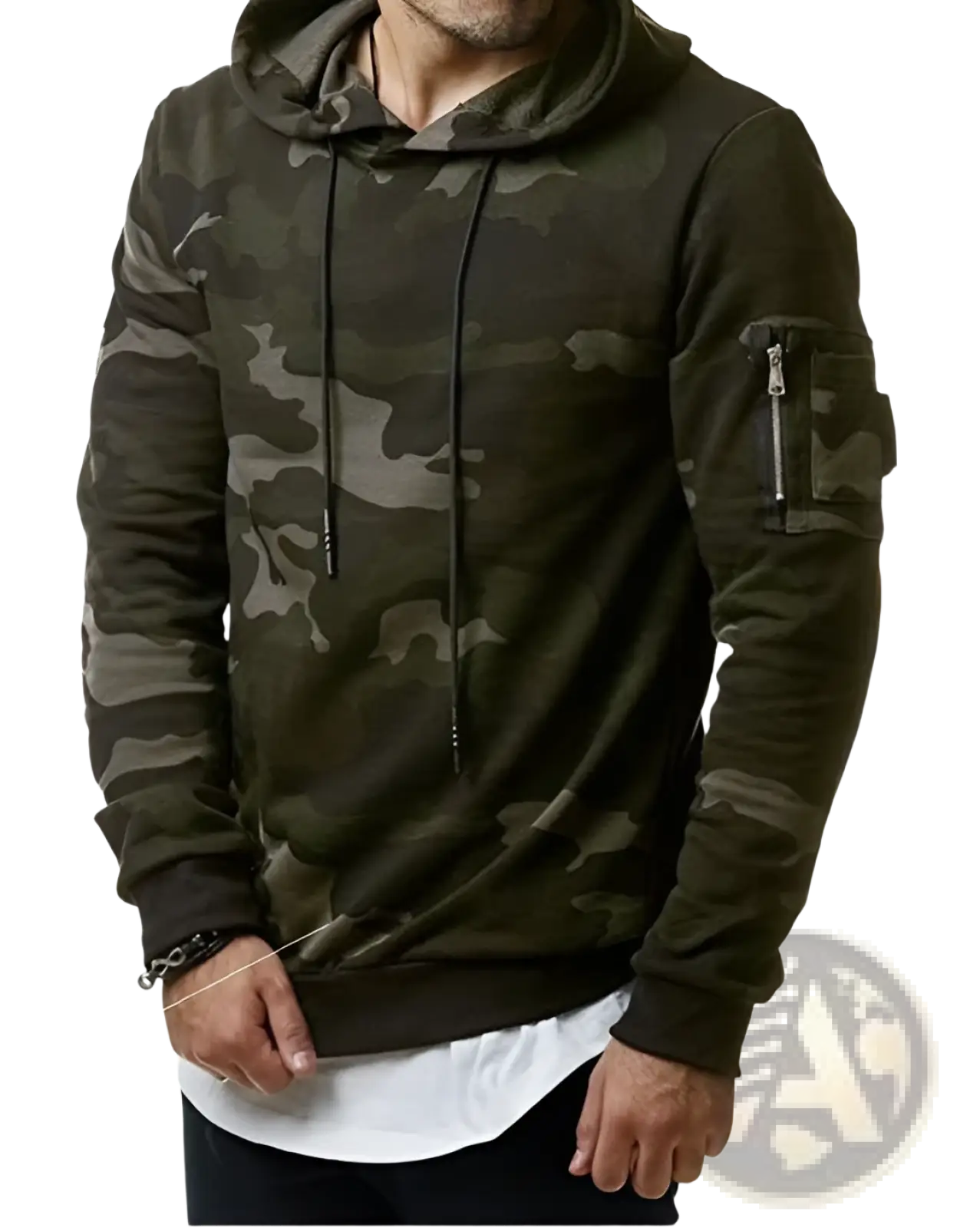Men’s camouflage slim fit hooded sweater in dark green and gray with a front zipper sleeve pocket