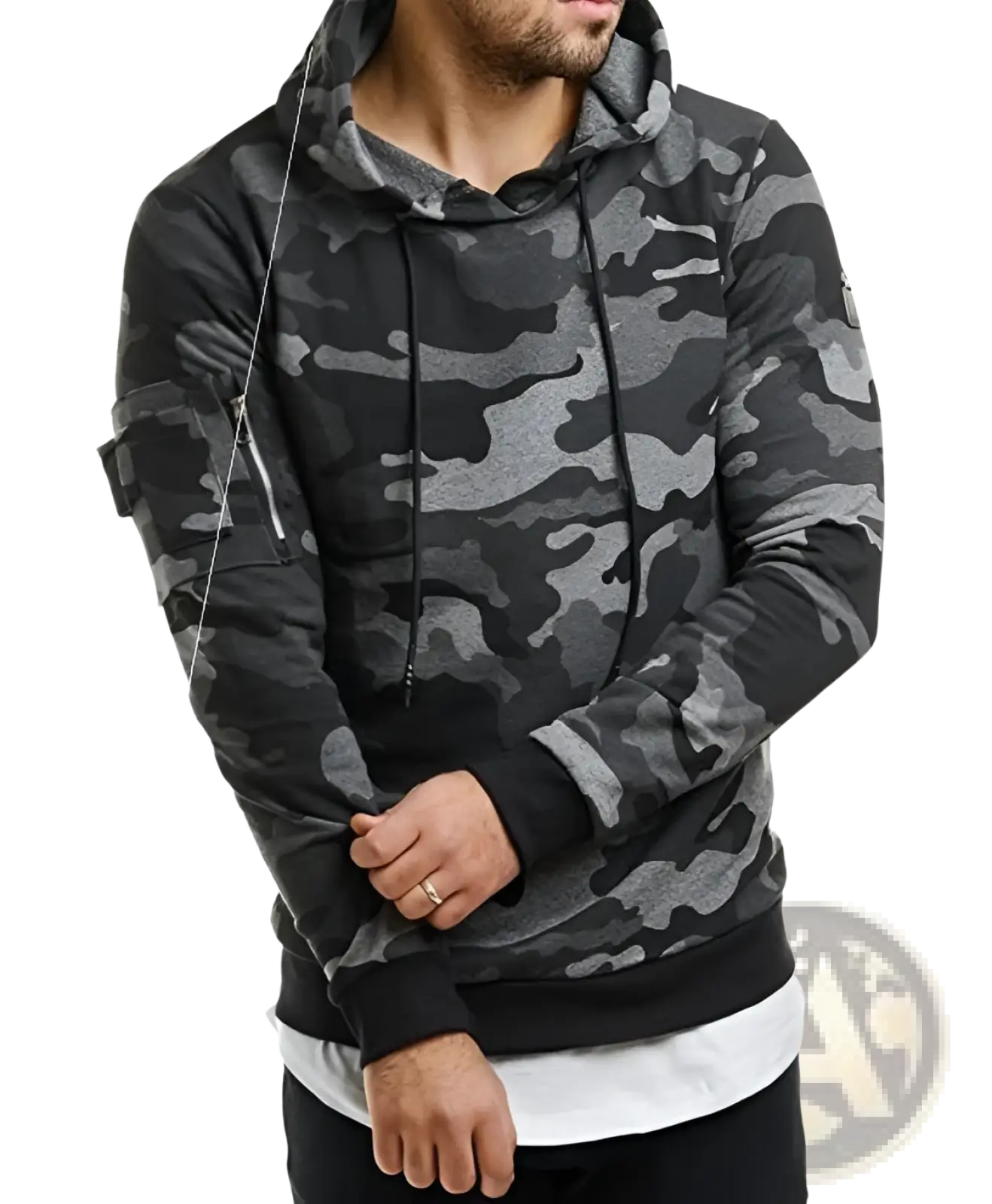 Men’s camouflage slim fit hooded sweater in black and gray with drawstring hood ribbed cuffs hem and sleeve pocket