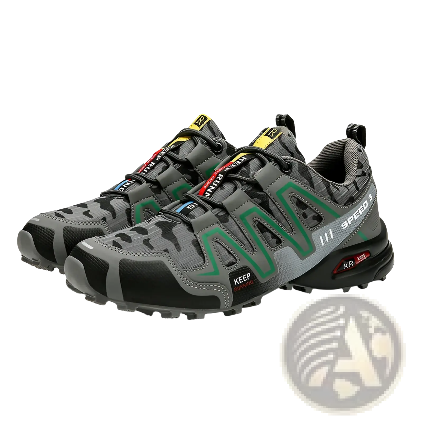 Men’s camouflage waterproof trail running and hiking shoes in gray and green with durable mesh upper and rugged outsole