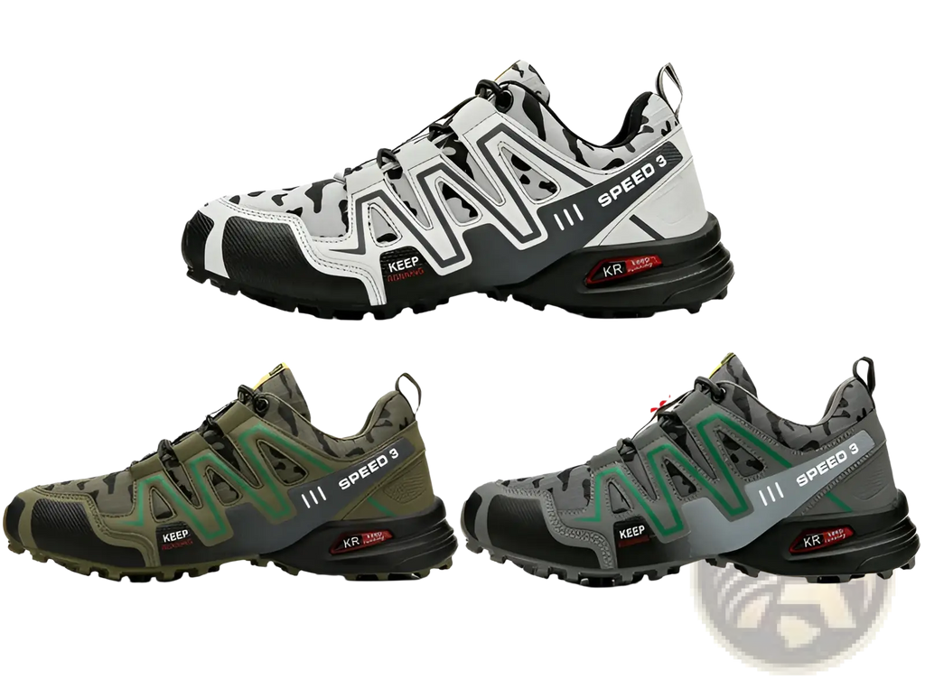Men’s Salomon speed 3 trail running shoes in gray black camouflage with green accents waterproof and suitable for hiking