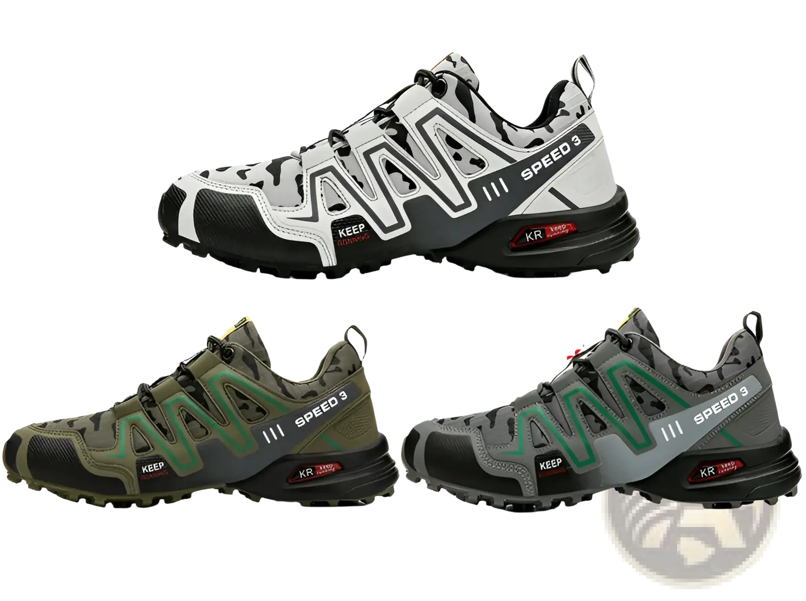 Men’s Salomon speed 3 trail running shoes in gray black camouflage with green accents waterproof and suitable for hiking