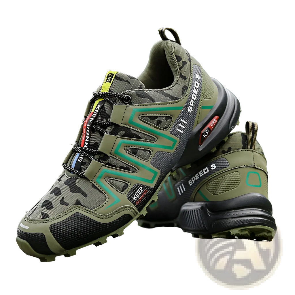 Men’s camouflage waterproof trail running and hiking shoes in olive green and black mesh with teal accent stripes and rubber outsole