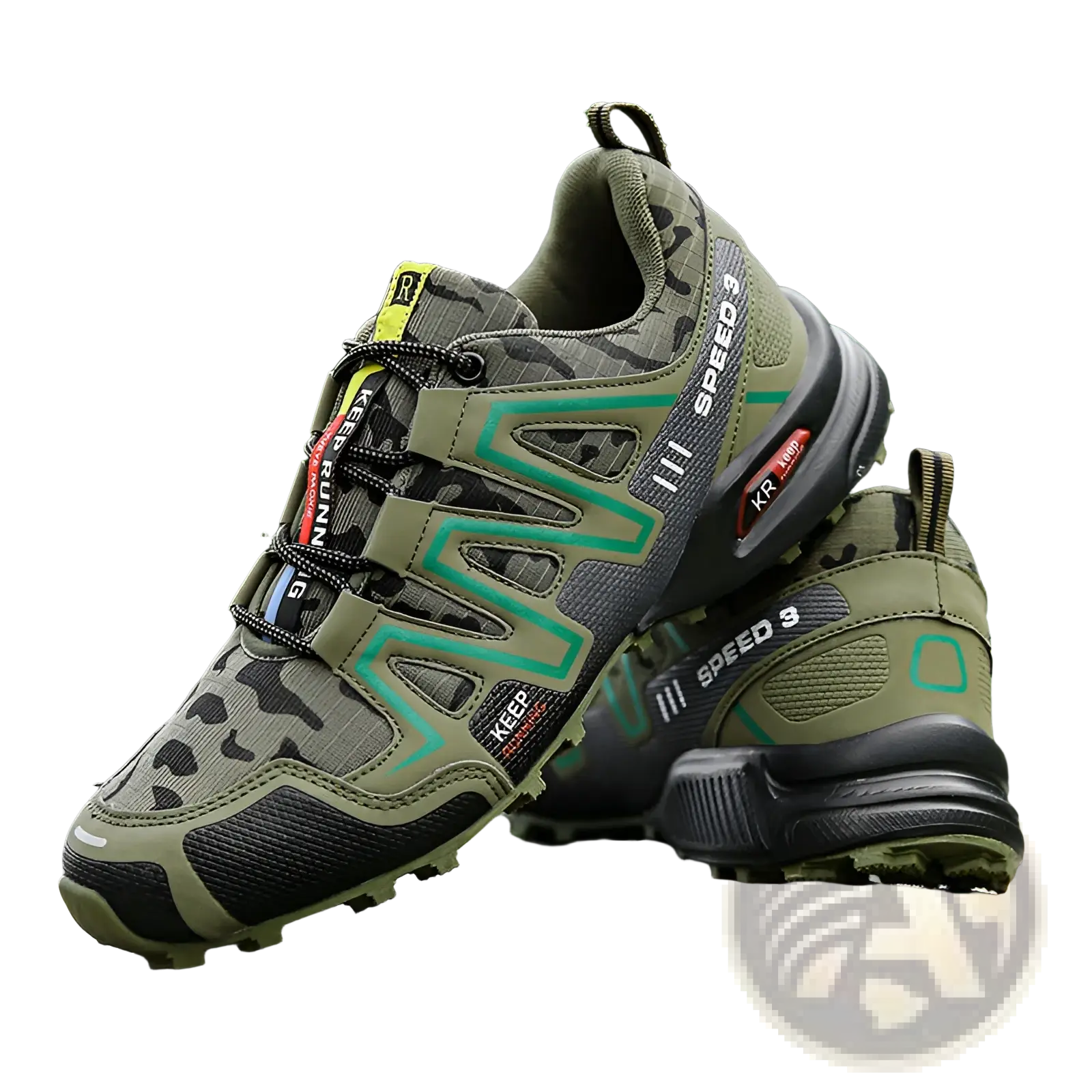 Men’s camouflage waterproof trail running and hiking shoes in olive green and black mesh with teal accent stripes and rubber outsole