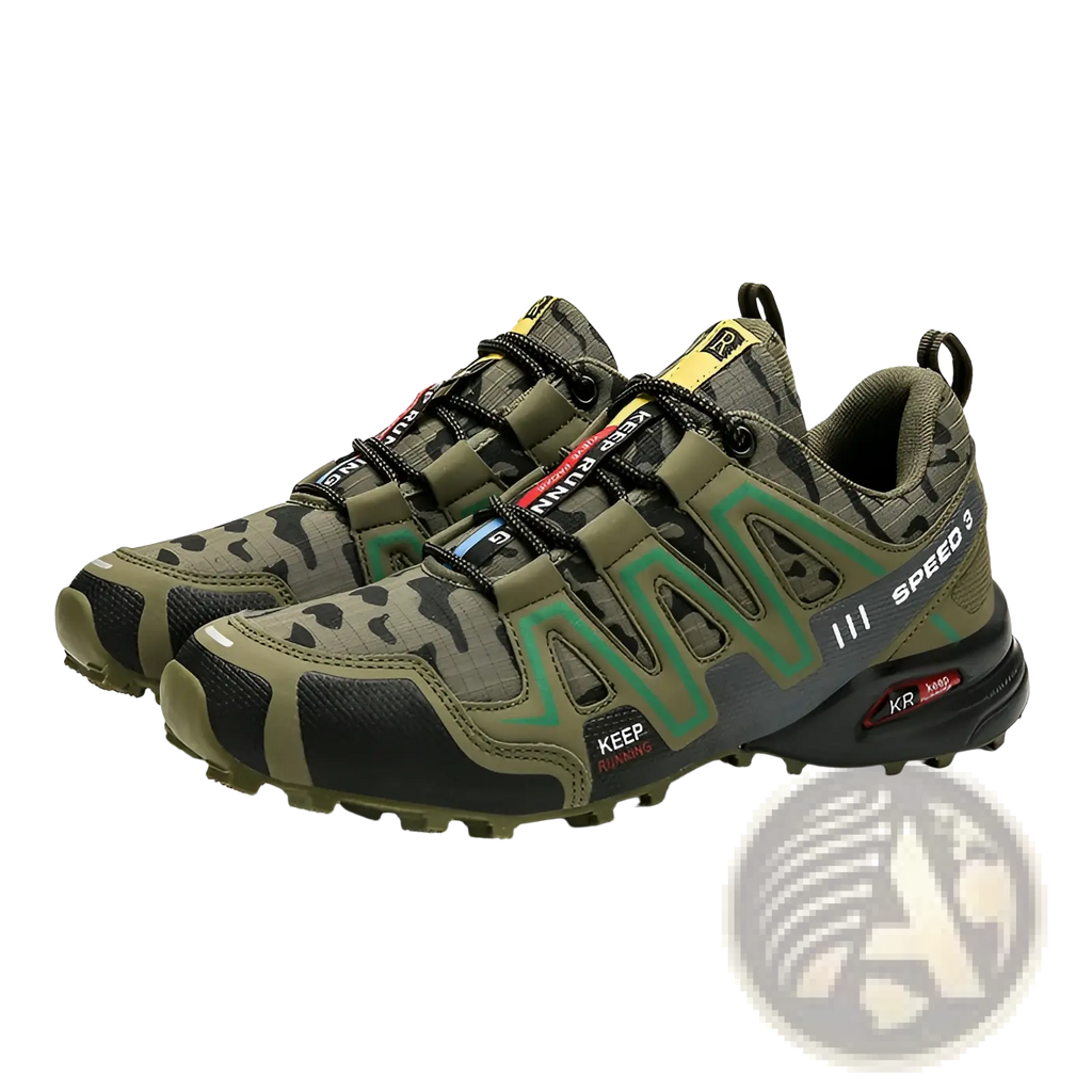 Men’s olive green and black camouflage waterproof trail running shoes with teal accents and durable mesh upper