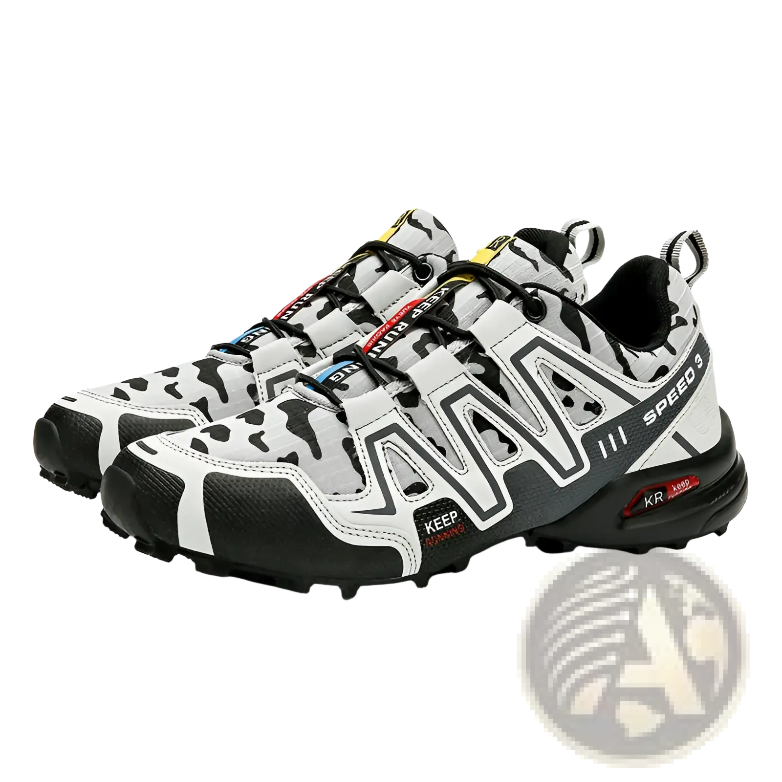 Men’s camouflage waterproof trail running and hiking shoes in white and black with rugged sole and red branding accents