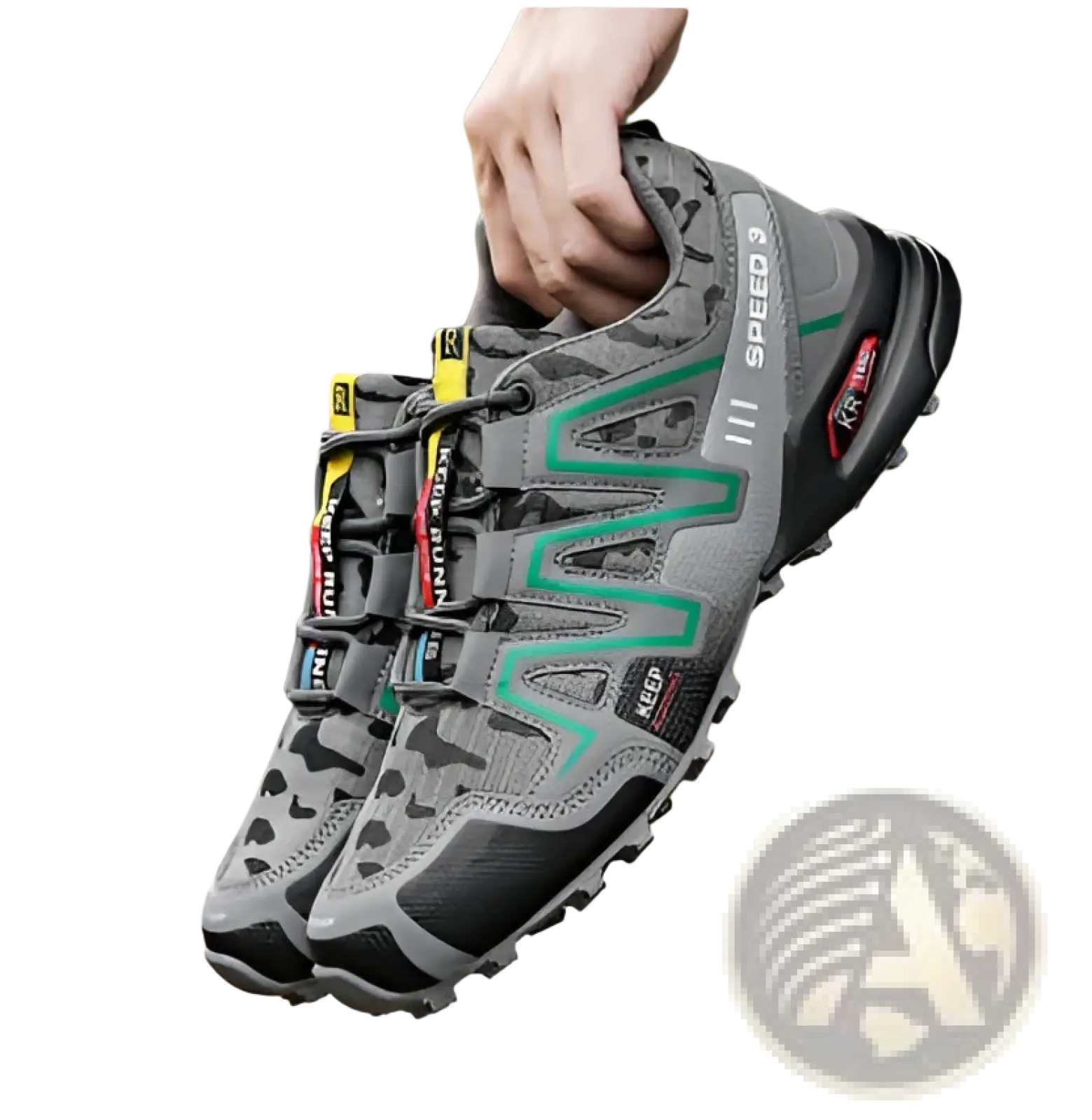 Men’s camouflage waterproof trail running and hiking shoes in gray and teal with Salomon Speedcross 3 design