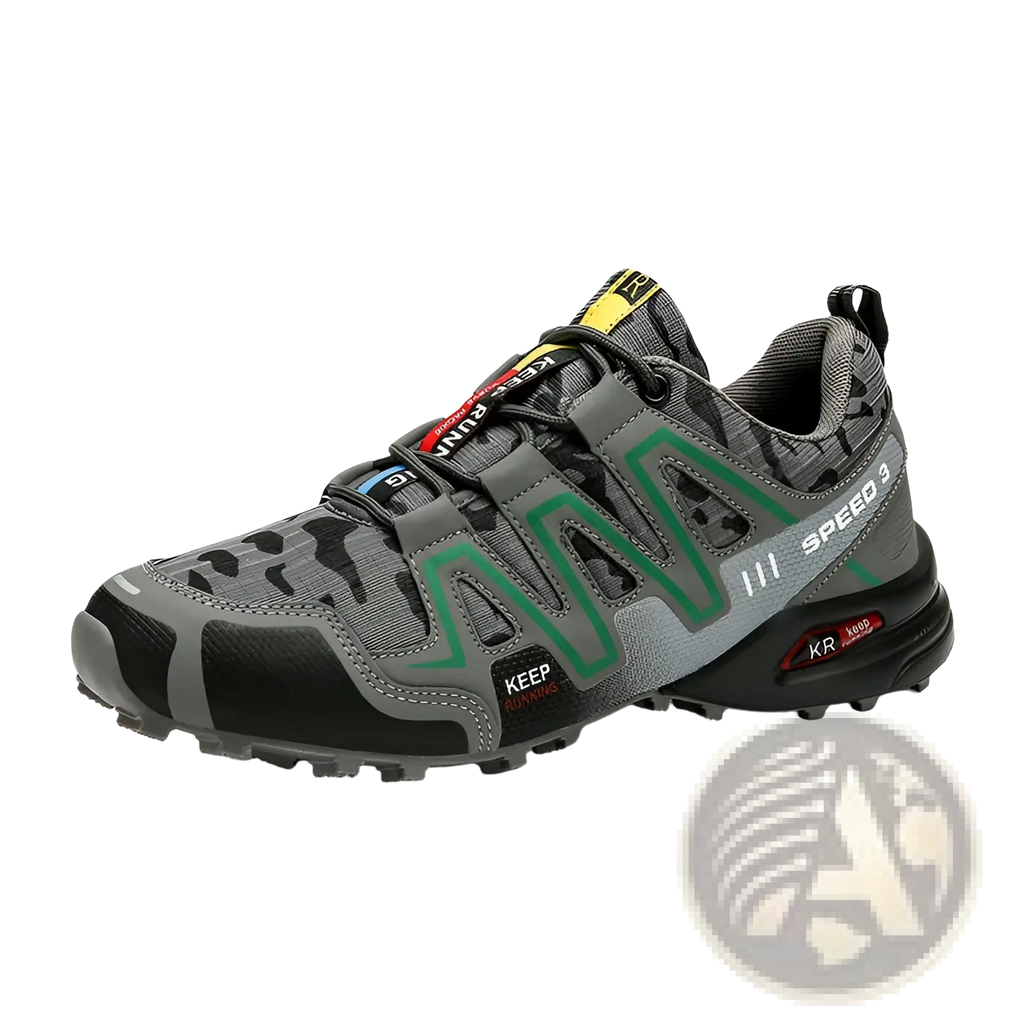 Men’s gray and green camouflage waterproof trail running and hiking shoe with breathable mesh upper and rugged outsole