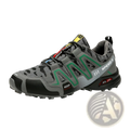 Men’s gray and green camouflage waterproof trail running and hiking shoe with breathable mesh upper and rugged outsole