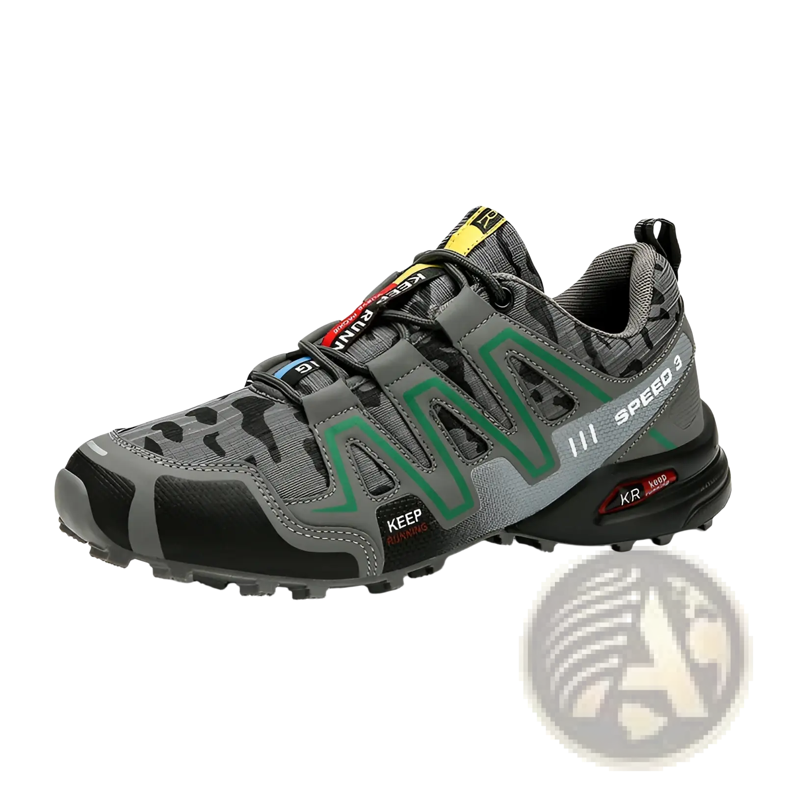 Men’s gray and green camouflage waterproof trail running and hiking shoe with breathable mesh upper and rugged outsole