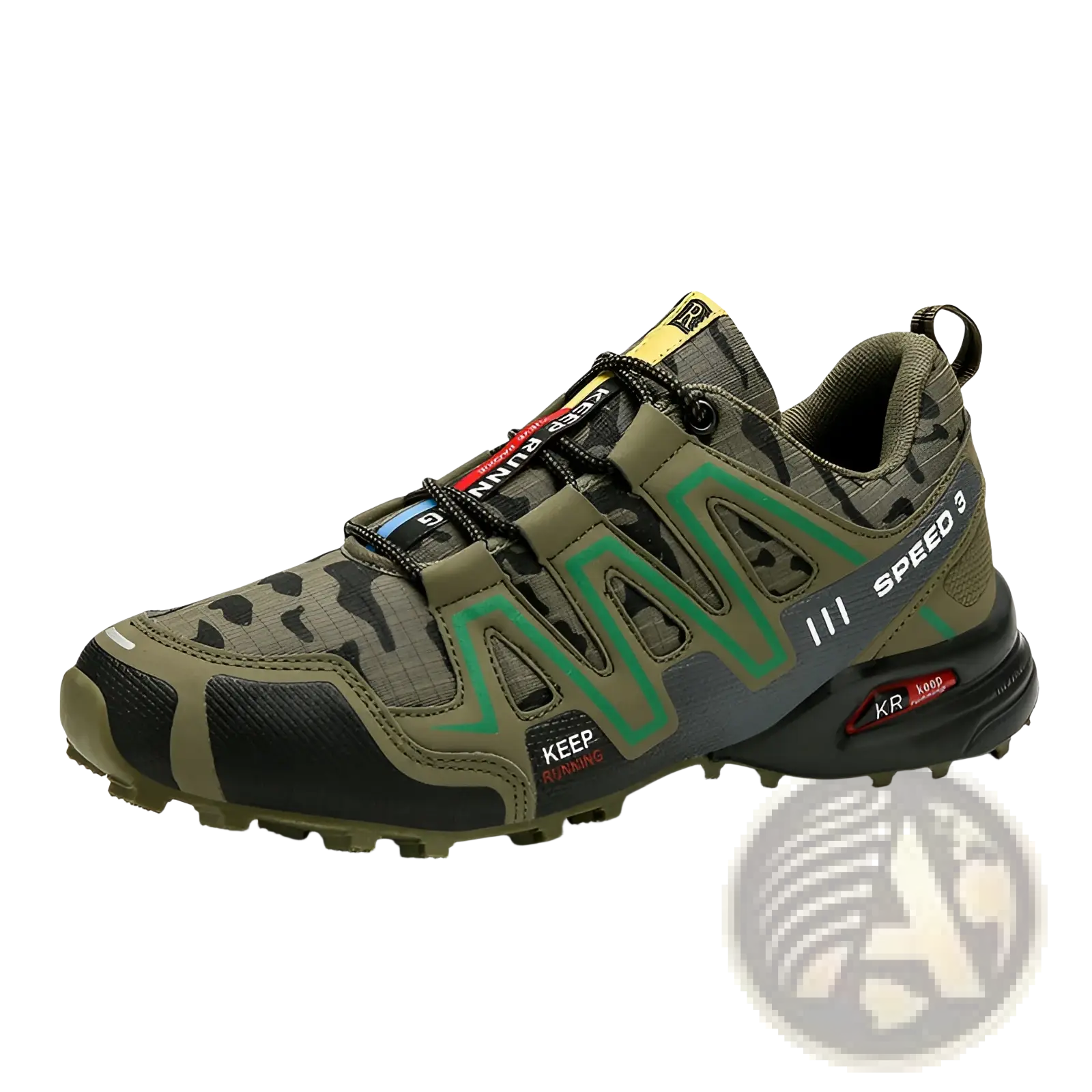 Men’s camouflage waterproof trail running and hiking shoe in olive green and black with teal stripes, rugged outsole, and mesh upper