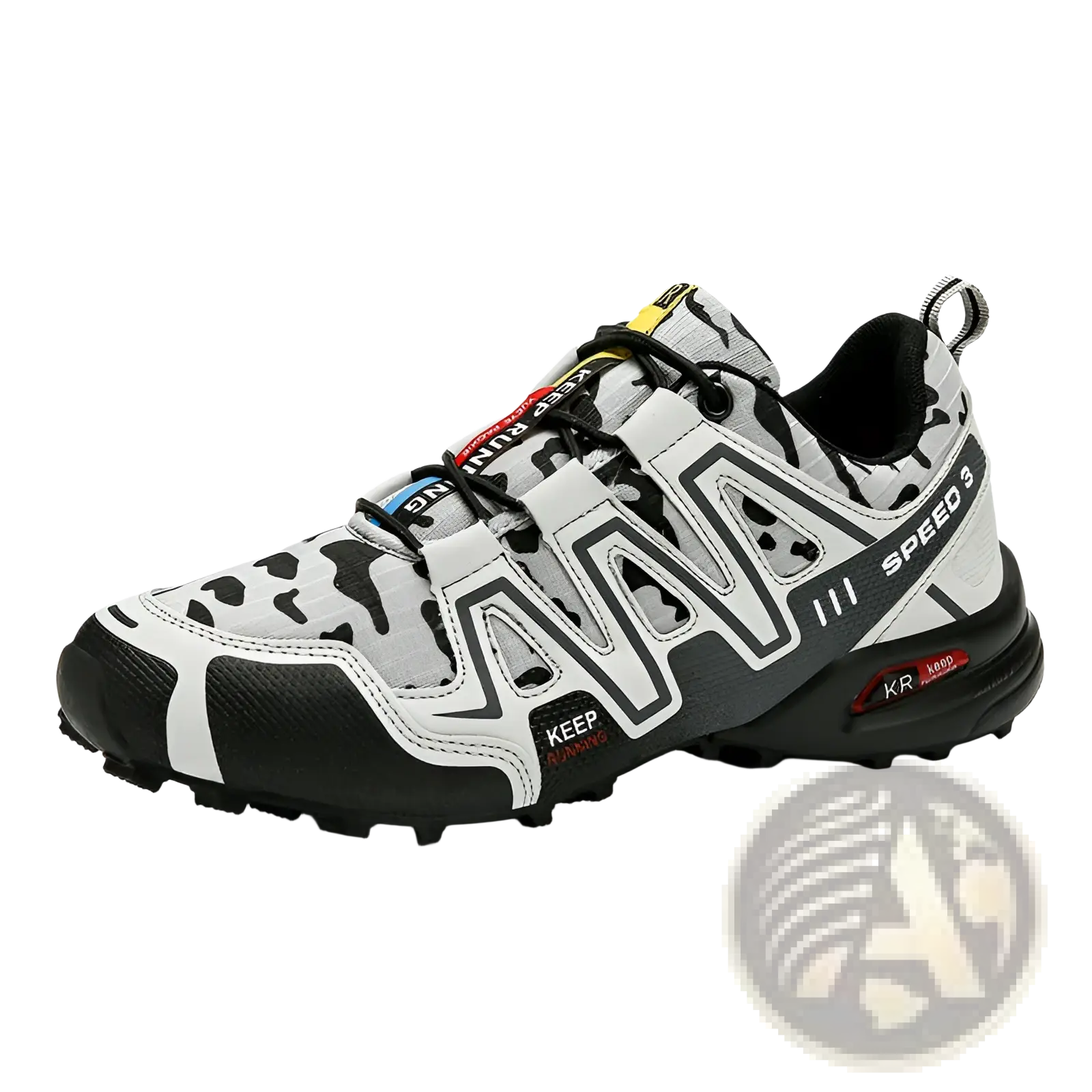 Men’s camouflage waterproof trail running and hiking shoe in gray and black leopard print with rugged outsole and speed 3 branding