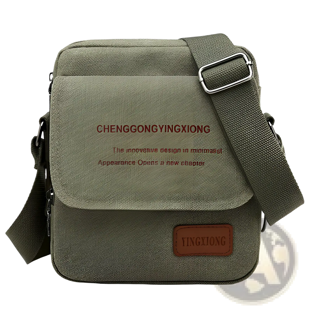 Men’s olive green canvas crossbody business shoulder bag with brown leather patch and silver-toned metal buckle