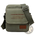 Men’s olive green canvas crossbody business shoulder bag with brown leather patch and silver-toned metal buckle
