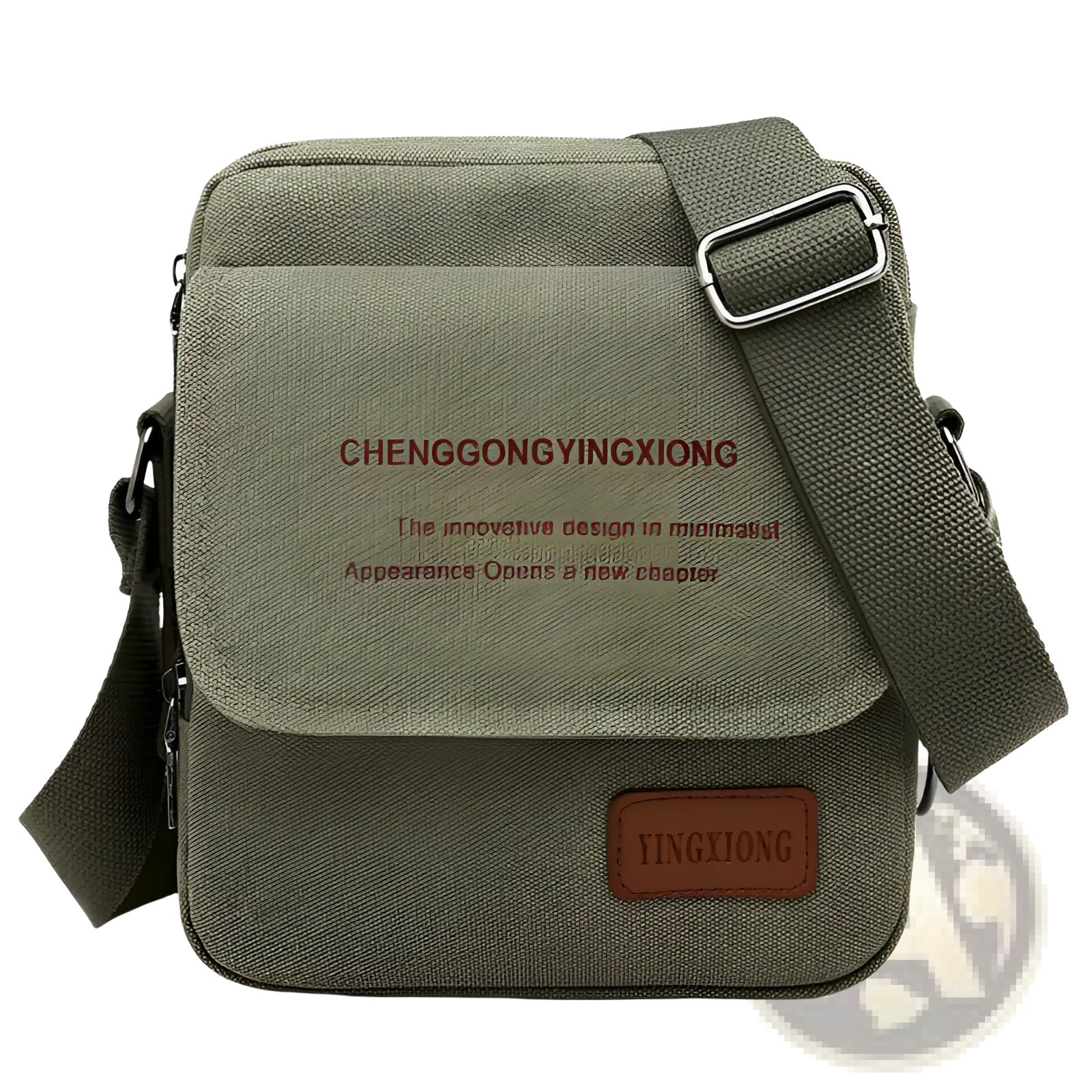 Men’s olive green canvas crossbody business shoulder bag with brown leather patch and silver-toned metal buckle