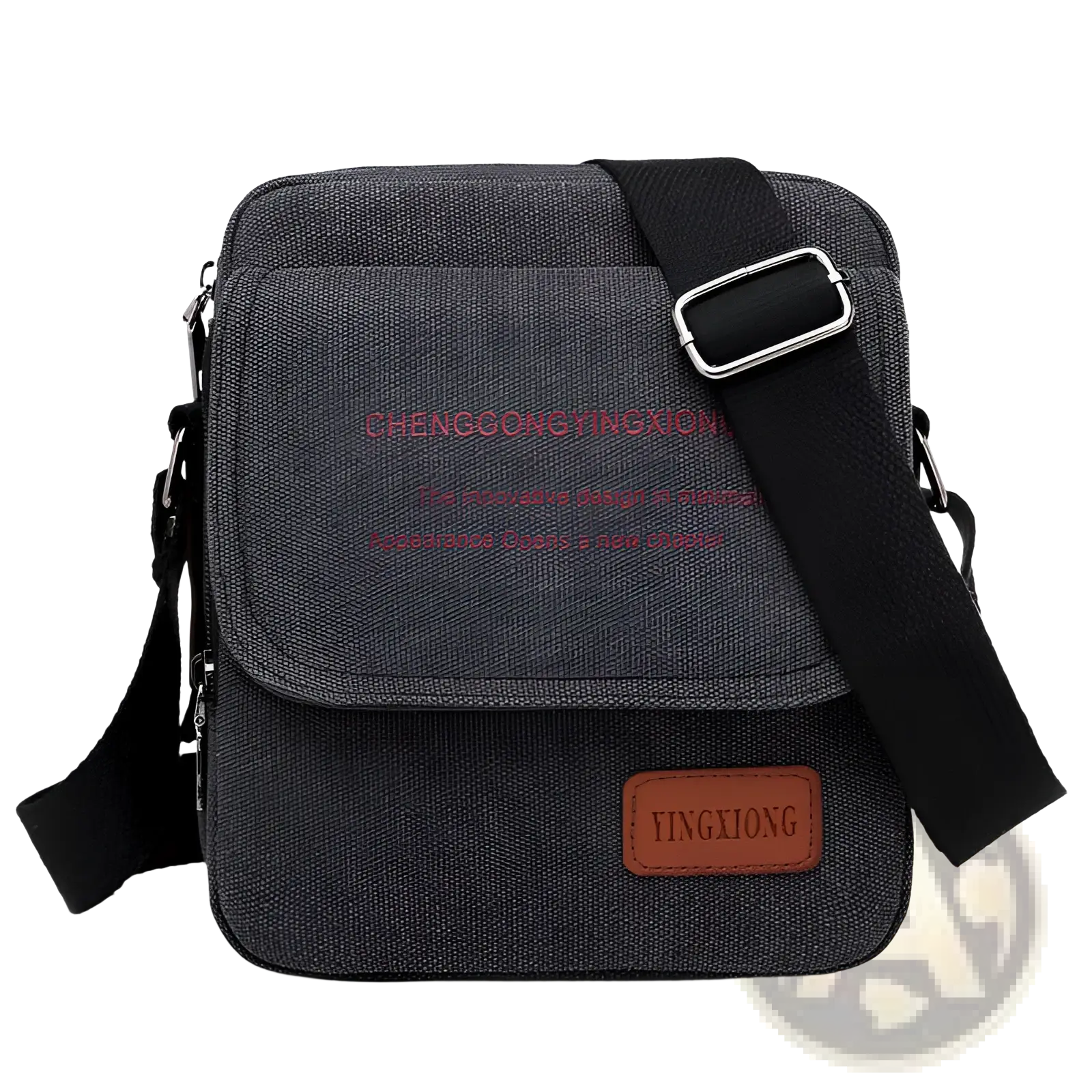 Dark gray canvas men’s crossbody business shoulder bag with black strap and brown leather patch detailing