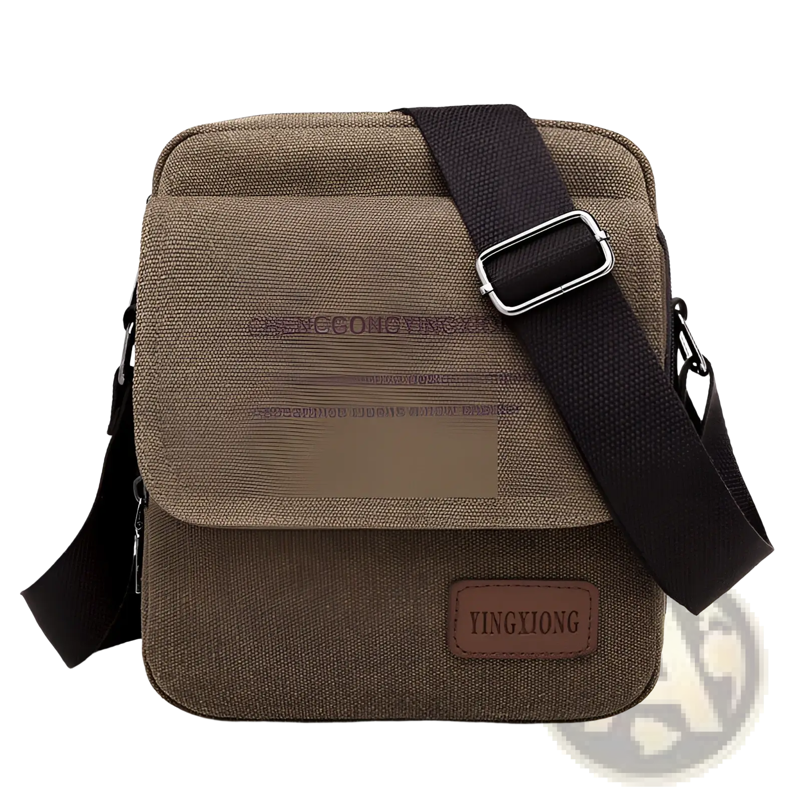 Men’s brown canvas crossbody business shoulder bag with black adjustable strap and silver buckle for daily use