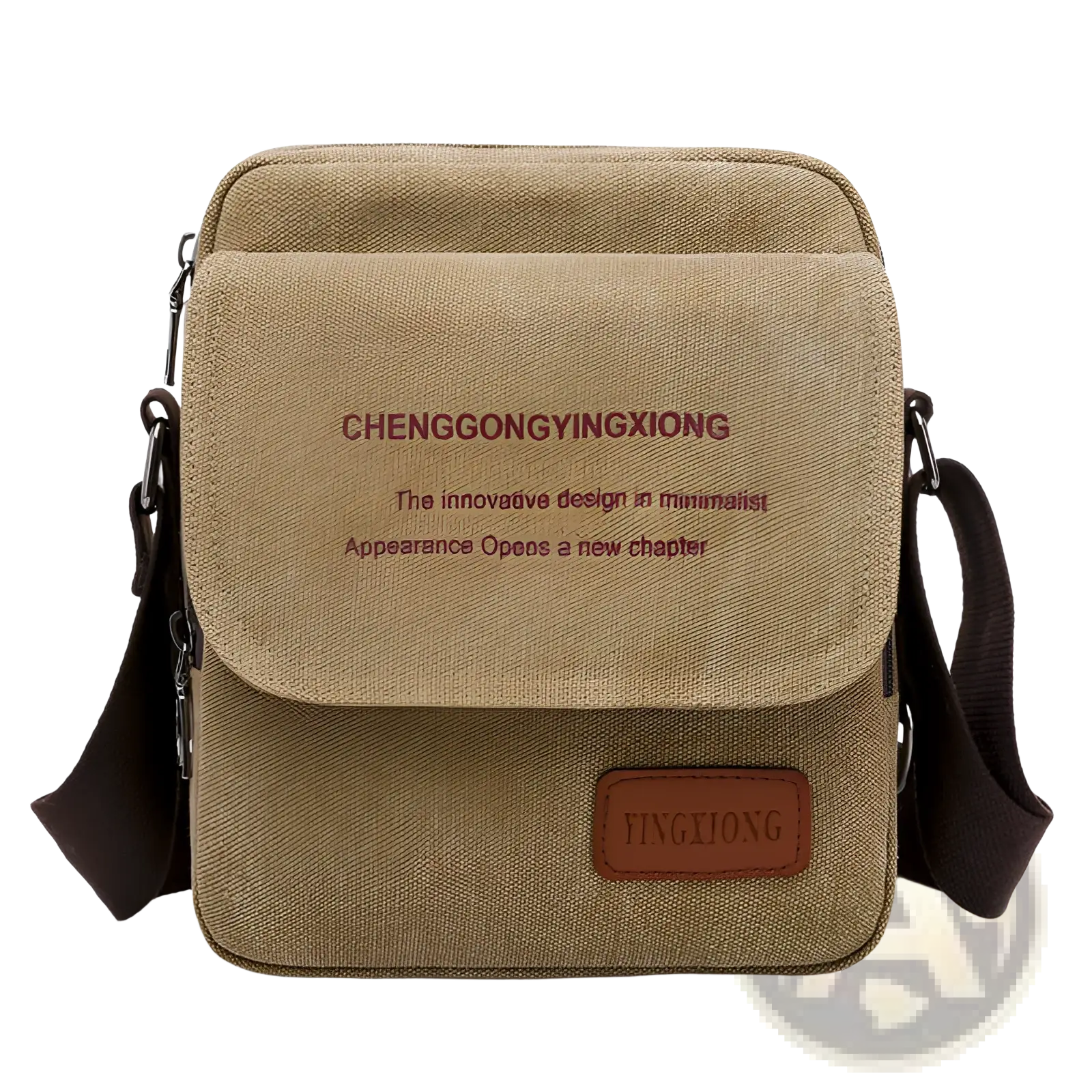 Beige canvas men’s crossbody business shoulder bag with brown leather accents and branded patch