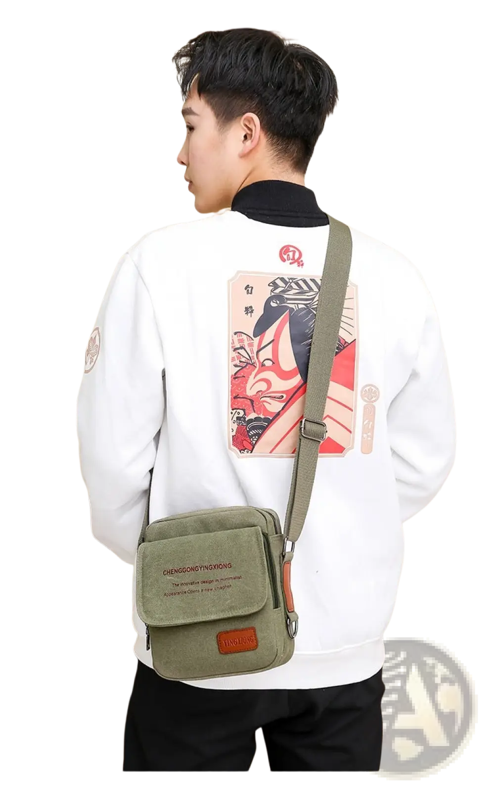 Men’s olive green canvas crossbody business shoulder bag with brown leather patch and adjustable strap